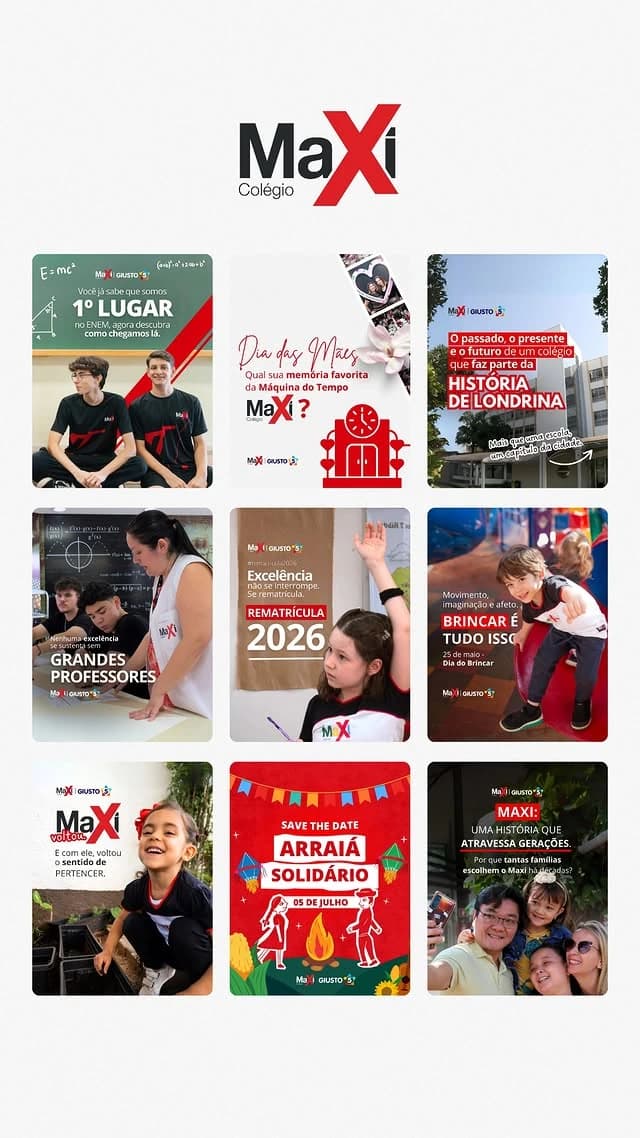Grid de nove publicações do Colégio MaXi